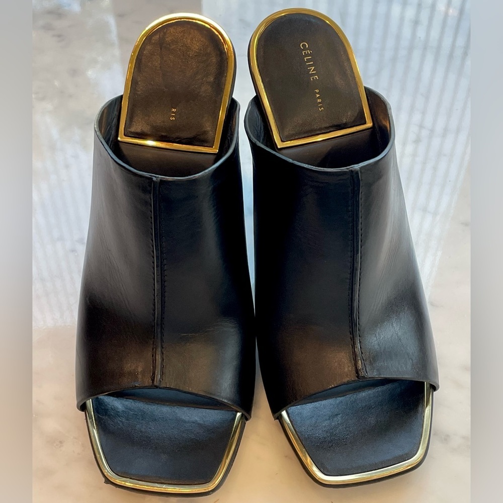 Celine Leather Slides, black w/gold trim, 4” block heel, EUC, 36.5 - Picture 10 of 14